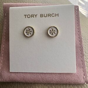 Tory Burch Gold and White Enamel Logo Stud Earrings